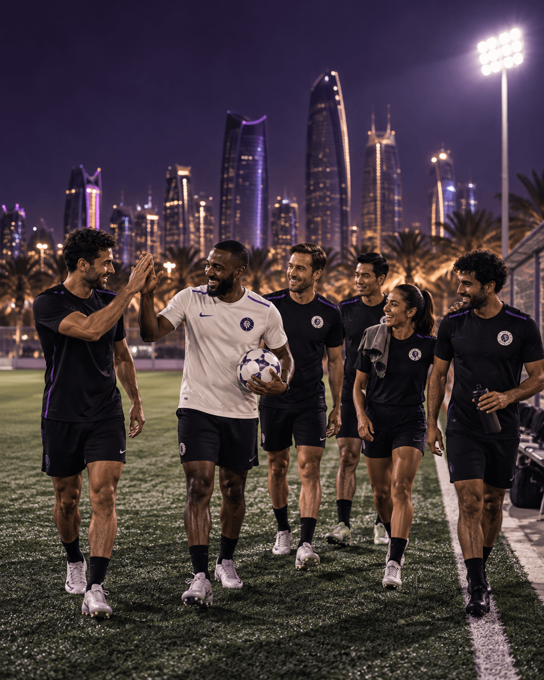 Rondo players walking together and sharing a high-five under city lights