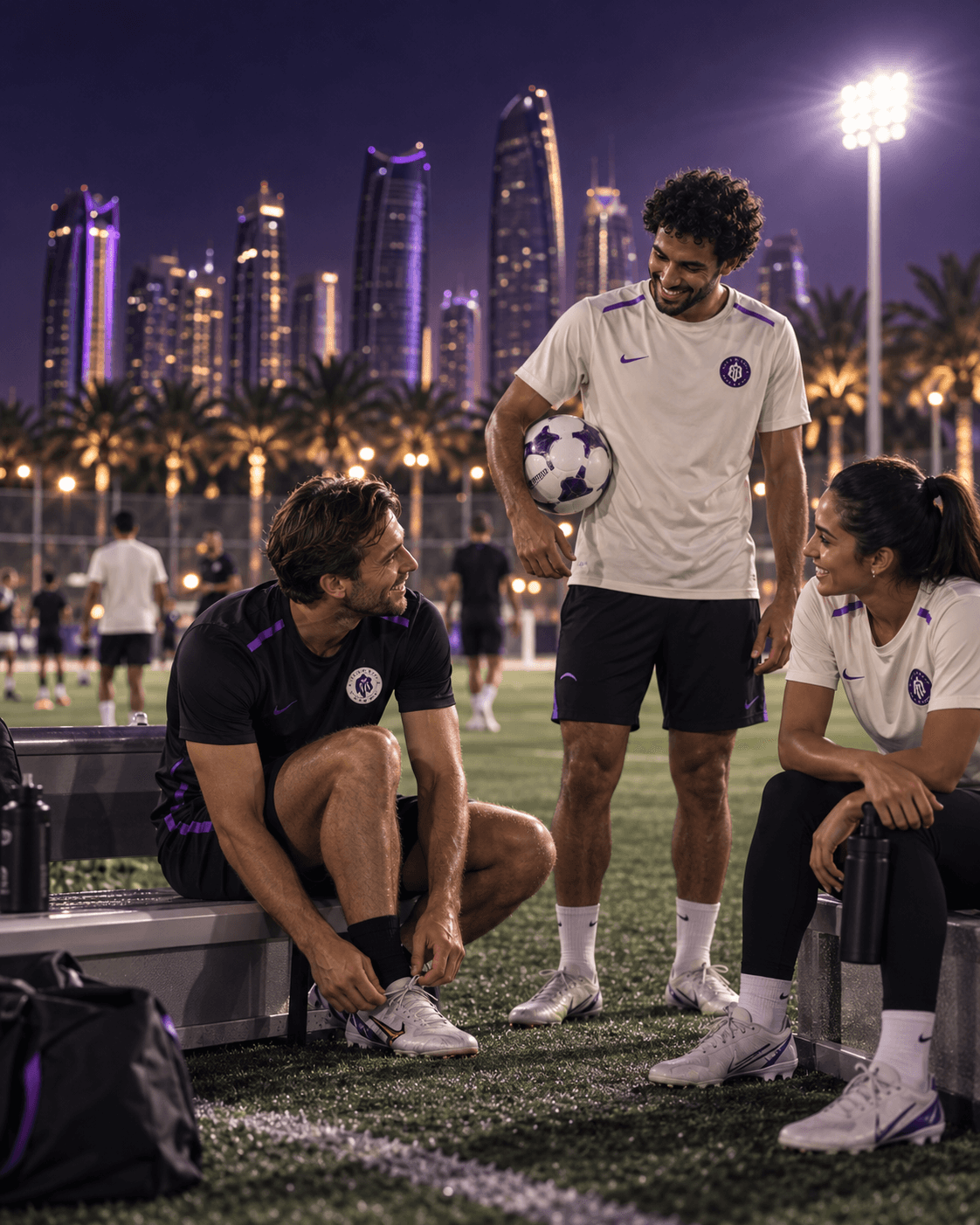 Rondo players talking together beside the pitch