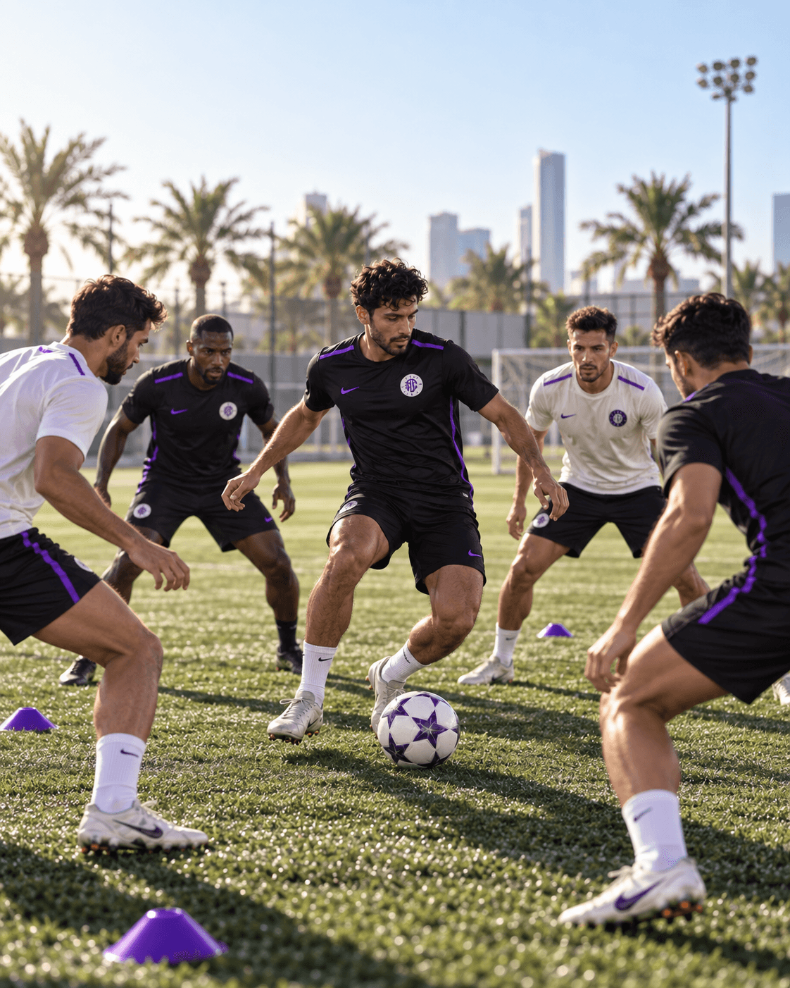 Rondo players practising a passing drill at sunrise