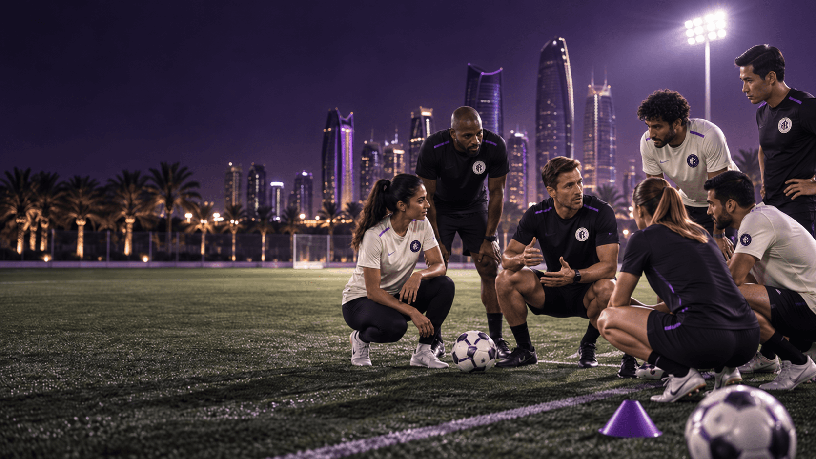 Rondo training huddle on the pitch at night