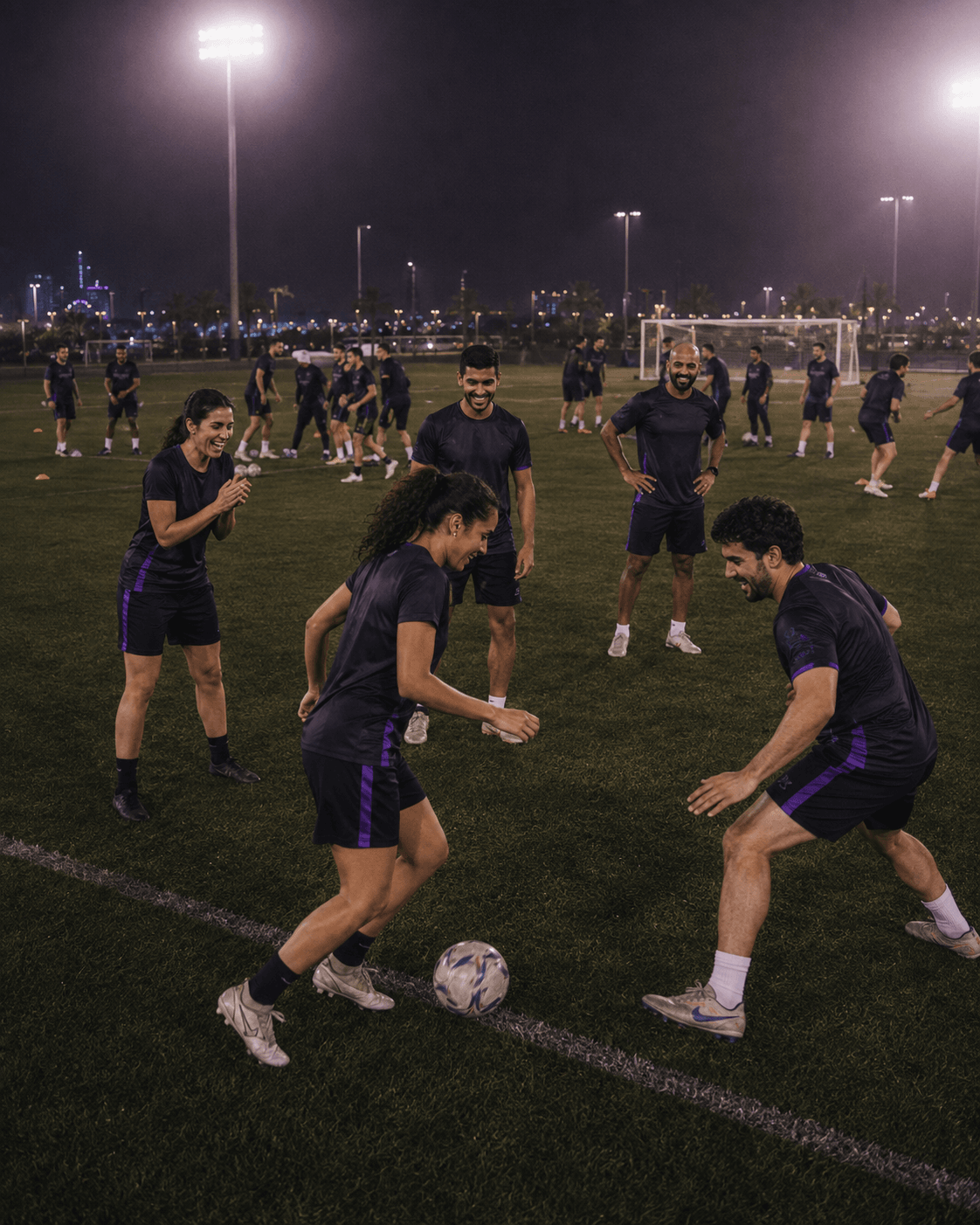 Colleagues taking part in a social football challenge on the pitch