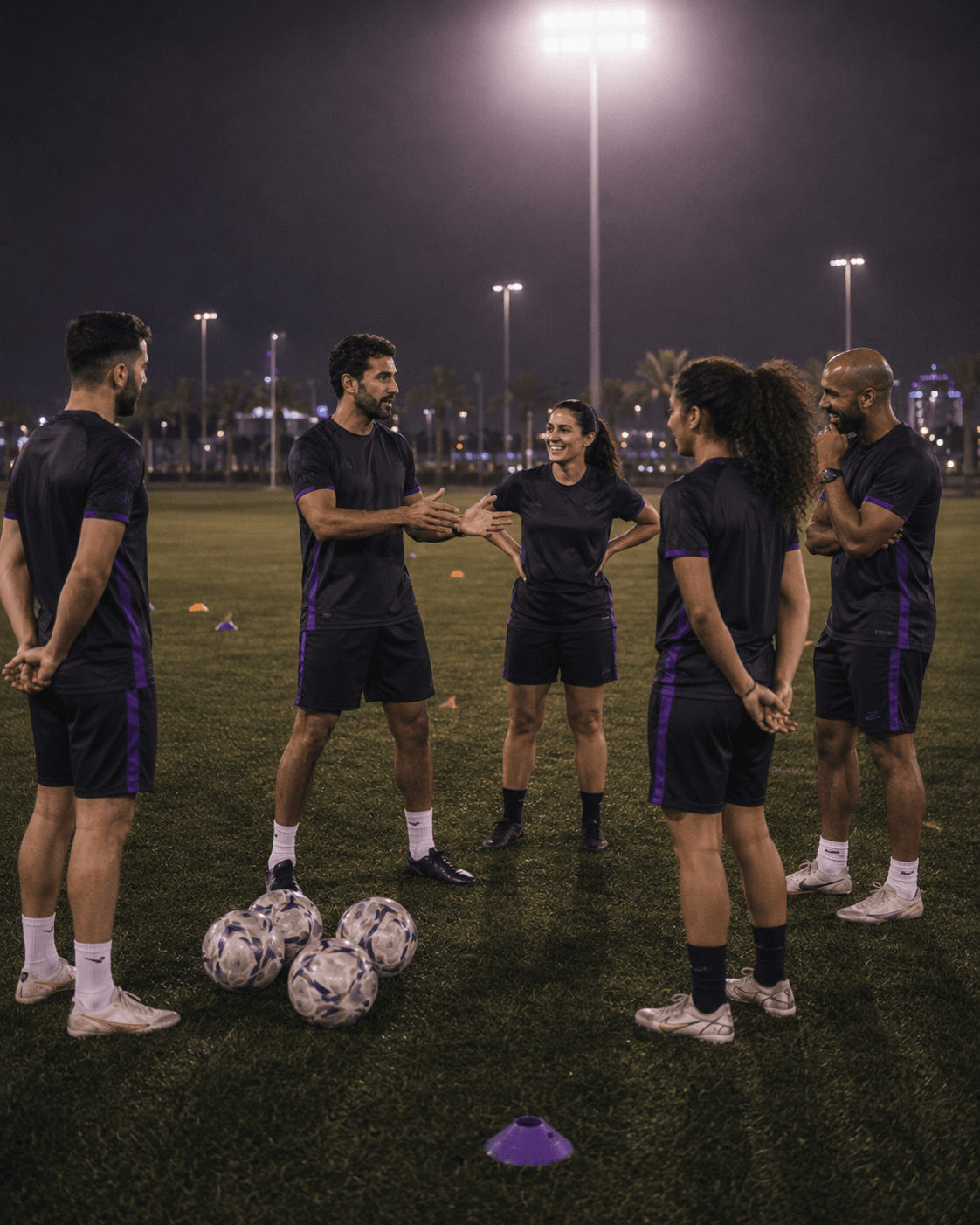 A coach briefing colleagues before a company football session