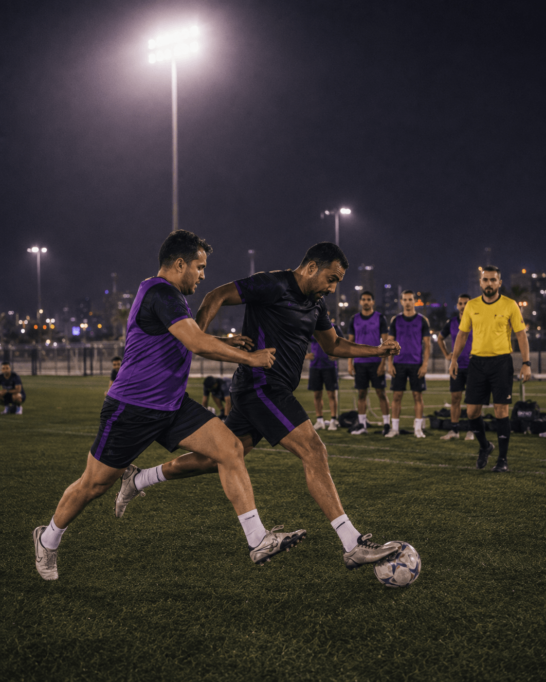 Two players competing for the ball during an officiated football match