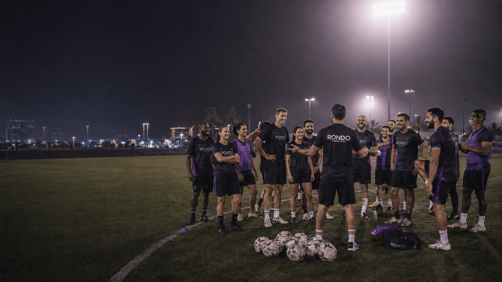 A Rondo coach briefing a company football group under the floodlights