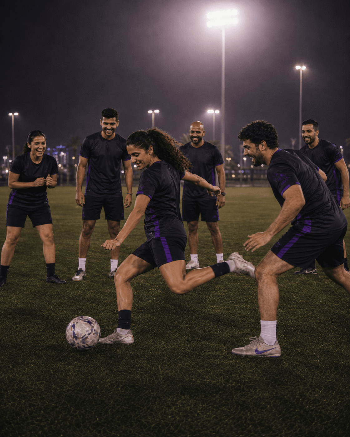 Colleagues laughing during a fun football challenge
