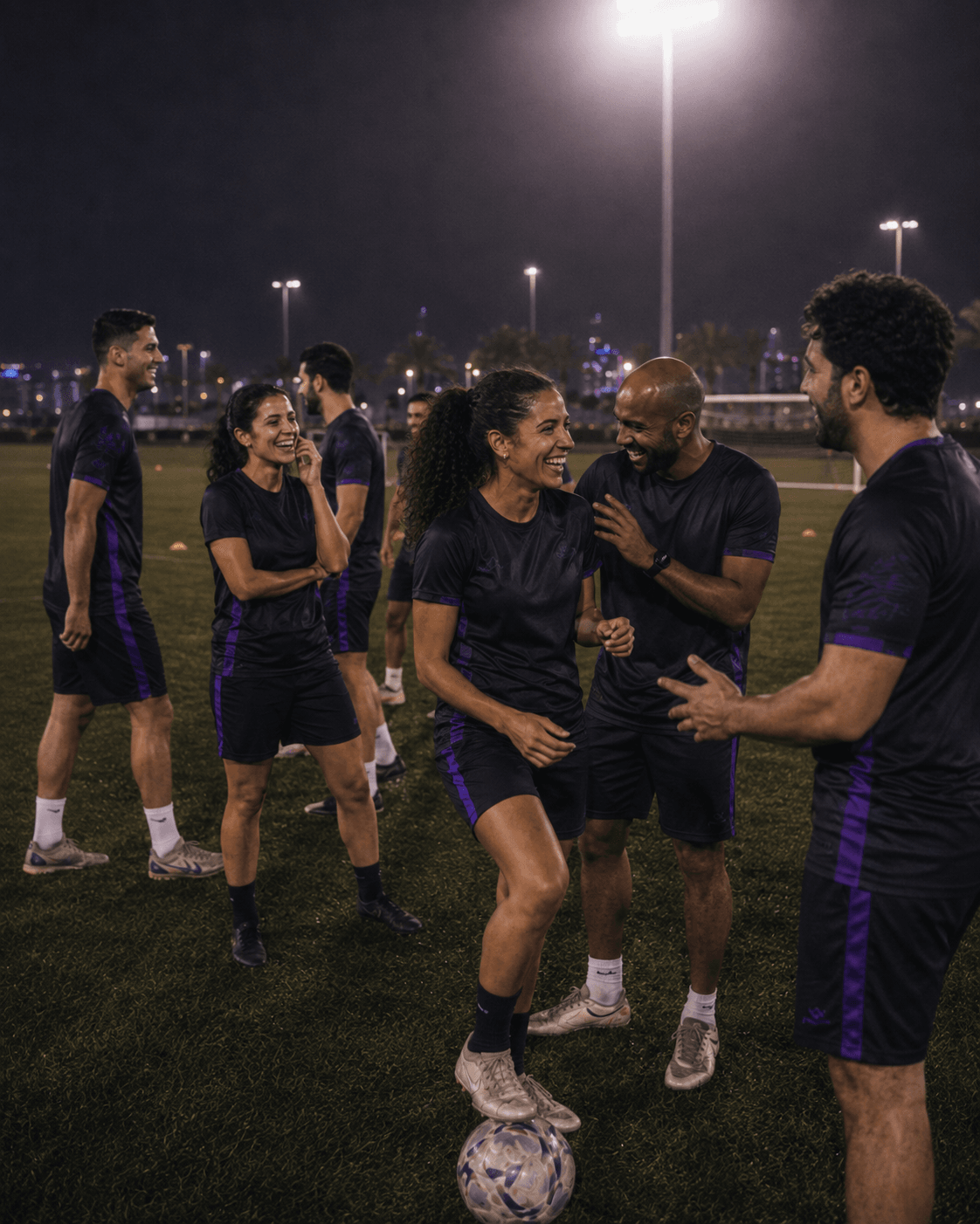 Teammates laughing and connecting on the football pitch