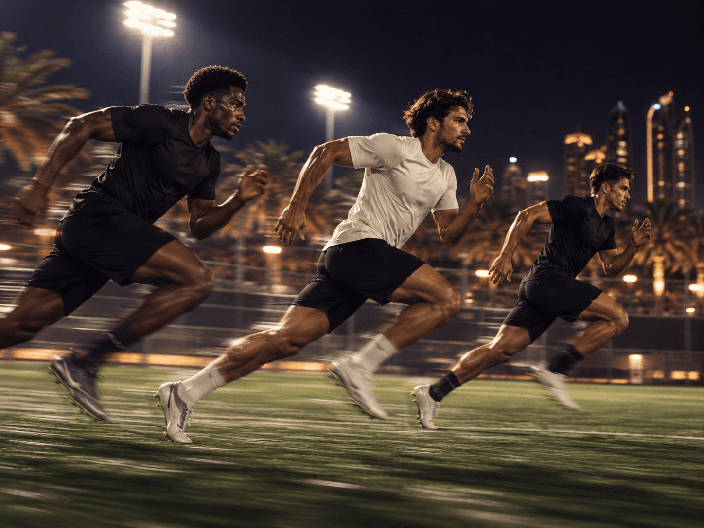 Footballers sprinting under city and pitch lights